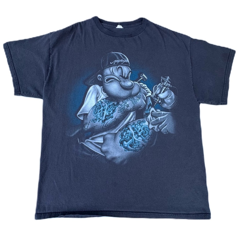 Vintage Popeye The Sailor Man Tattoo Black Delta Graphic Short Sleeve T-shirt